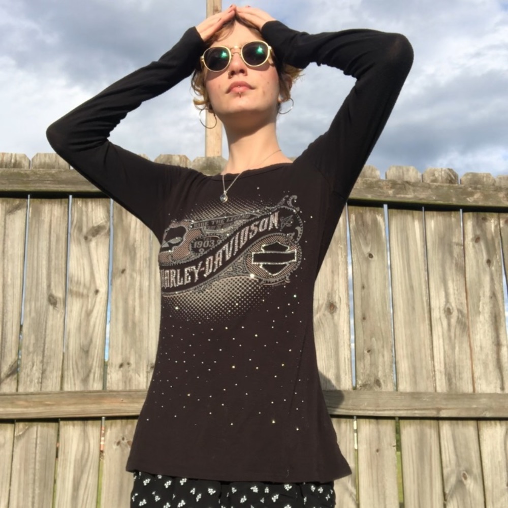 Vintage Inspired Rinestone Harley Davidson Top